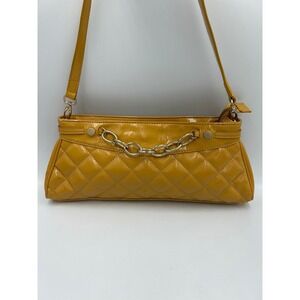 Maxx New York Mustard Yellow Quilted Patent Leather Baguette Shoulder Bag Chain